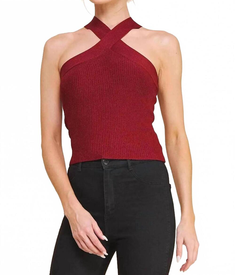 NEW ALLIE ROSE sophia criss-cross ribbed halter top in wine